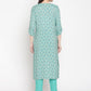 Be Indi Women Turquoise Blue Floral Printed Straight Kurta with Trousers