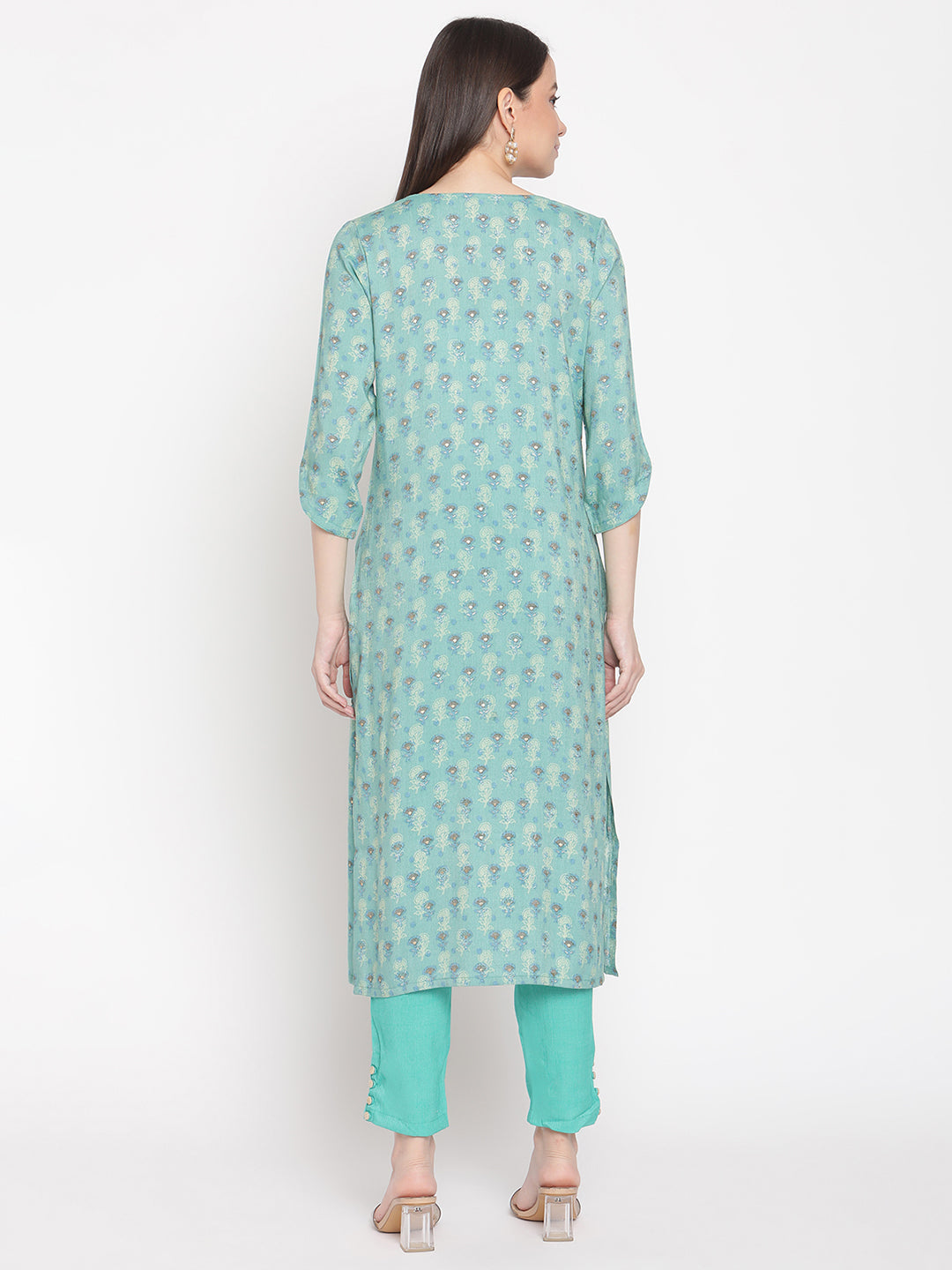 Be Indi Women Turquoise Blue Floral Printed Straight Kurta with Trousers