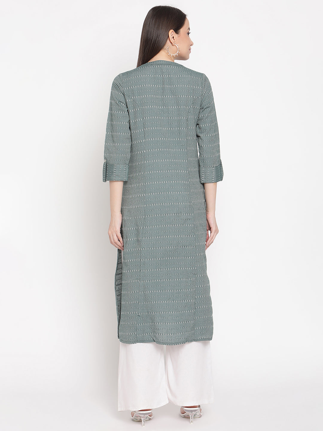 Be Indi Women Green Thread Work Khadi Kurta