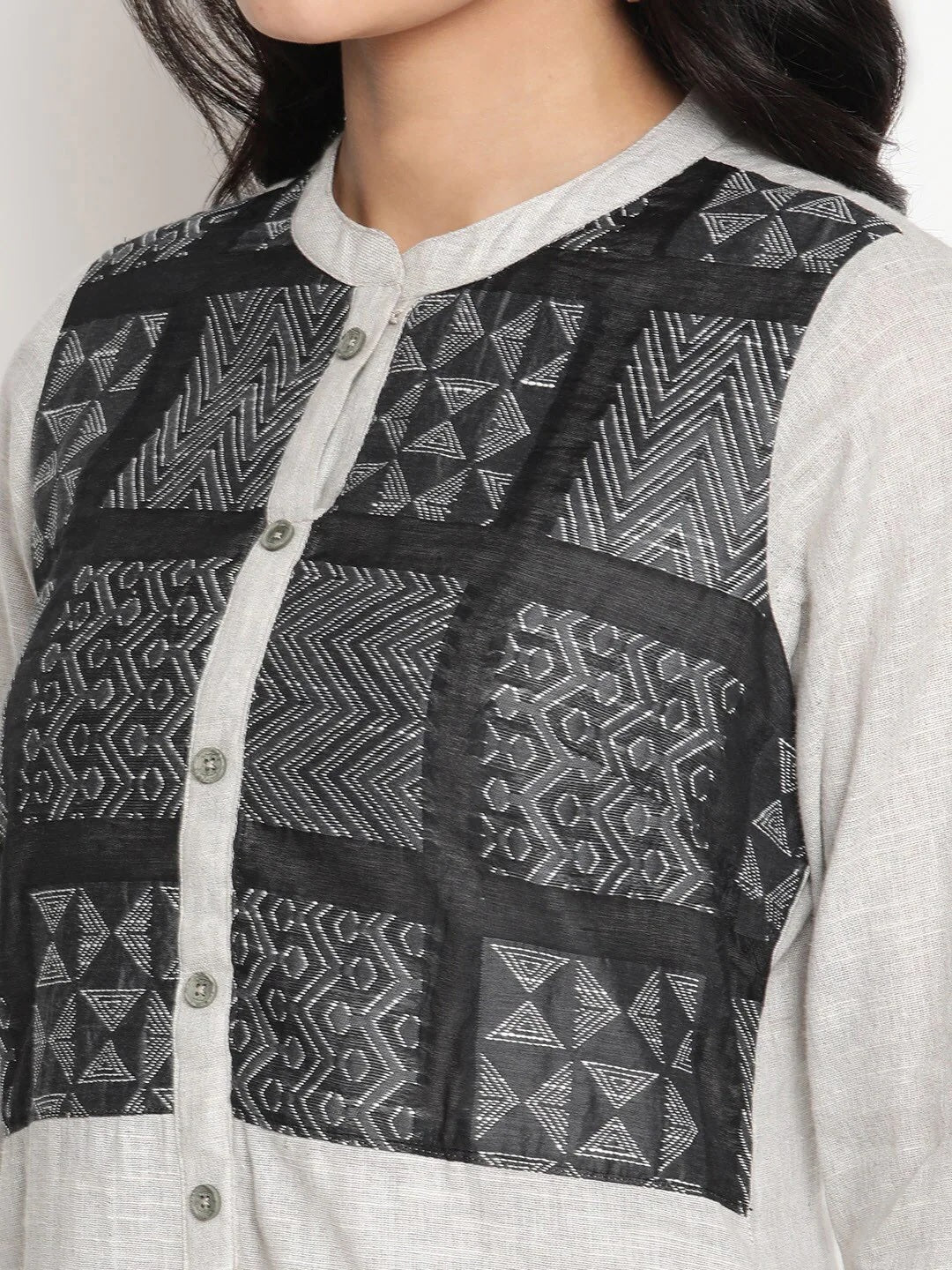 BeIndi Women Grey & Black Yoke Design Cotton Jacquard Straight Kurta