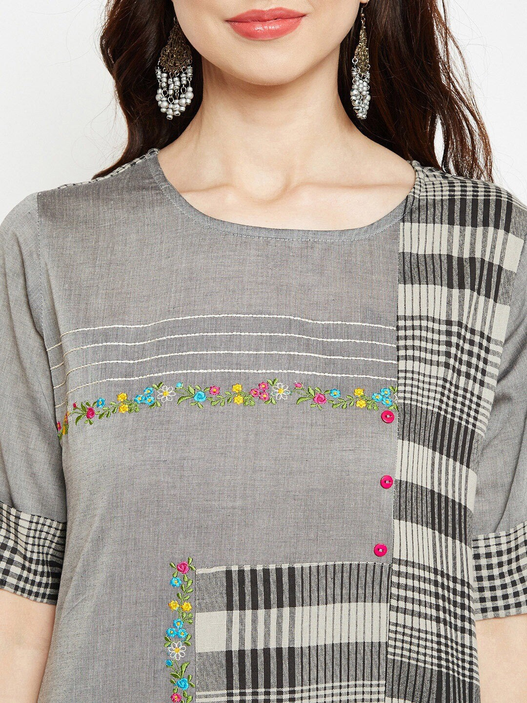 Women Grey Embroidered Printed Straight Kurta