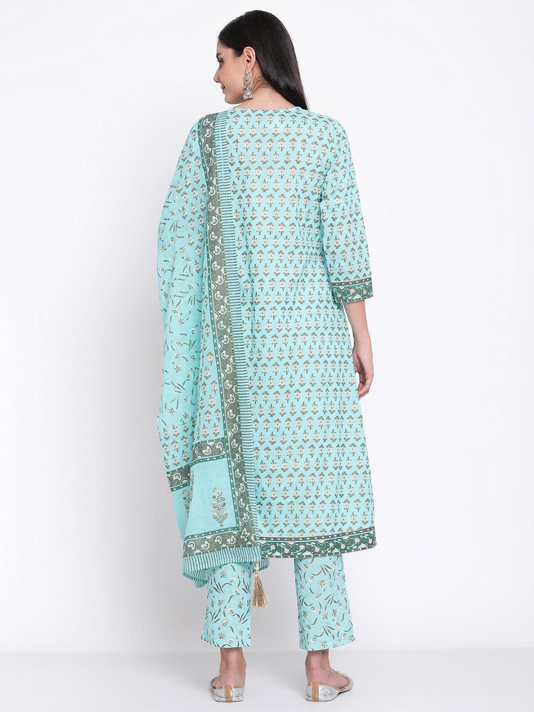 Be Indi Women Turquoise Blue Floral Printed Panelled Pure Cotton Kurta with Trousers & With Dupatta