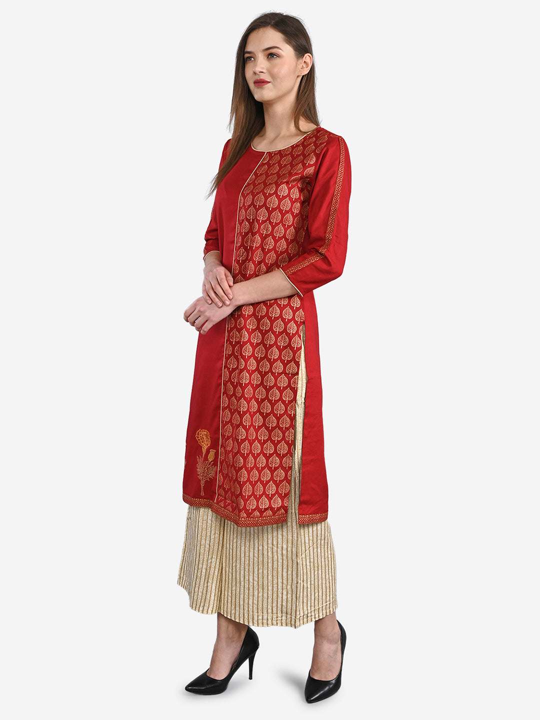 Be Indi Women Red Ethnic Motifs Embroidered Regular Thread Work Kurta with Palazzos