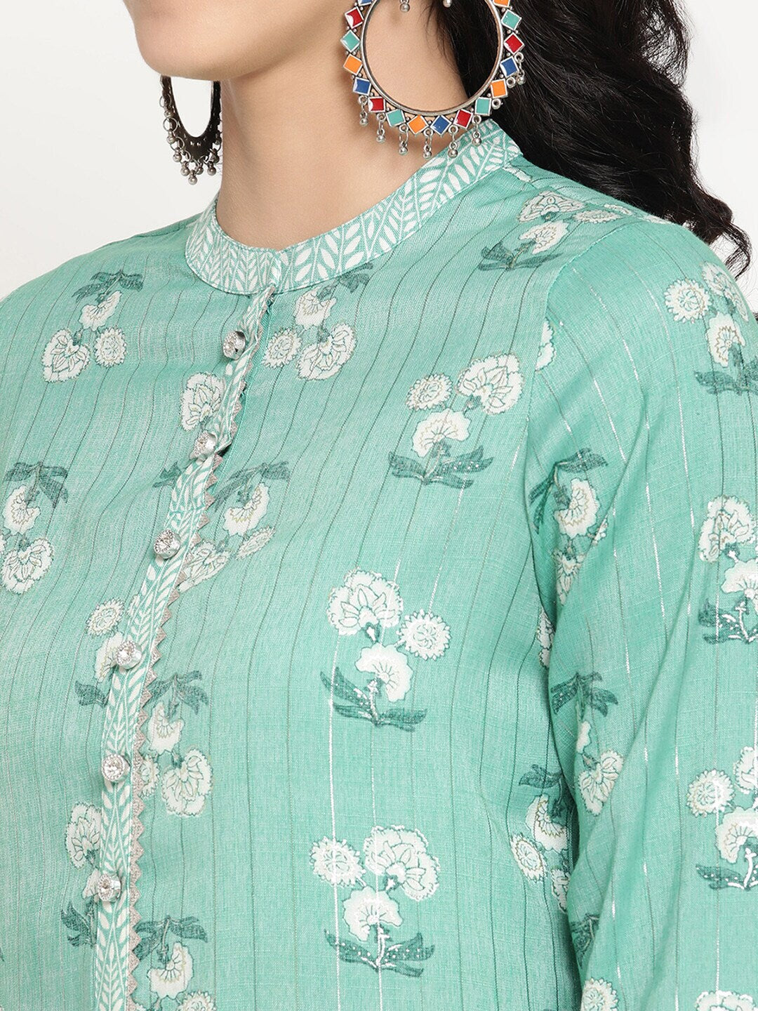 Be Indi Women Sea Green Floral Printed Gotta Patti Kurta with Trousers