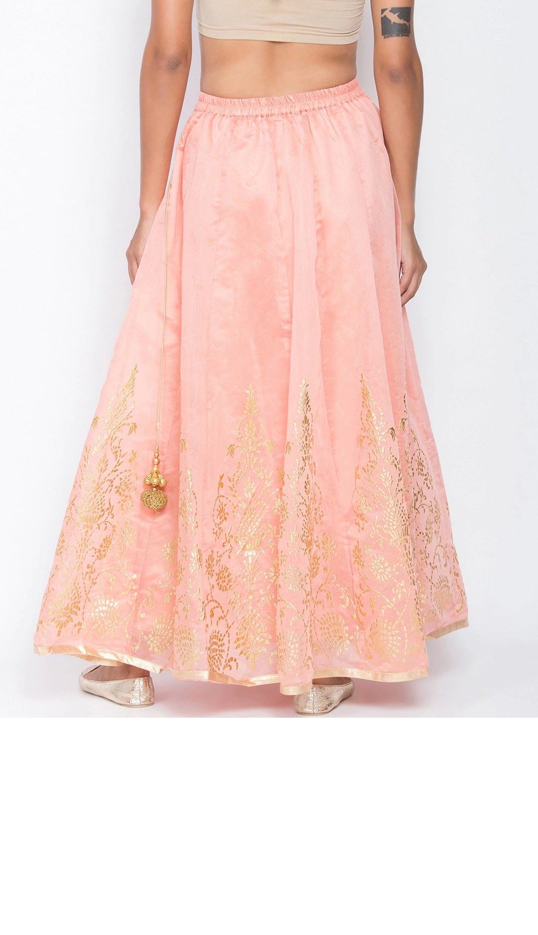 Be Indi Women Pink & Gold-Coloured Printed Flared Maxi Kalidar Skirt
