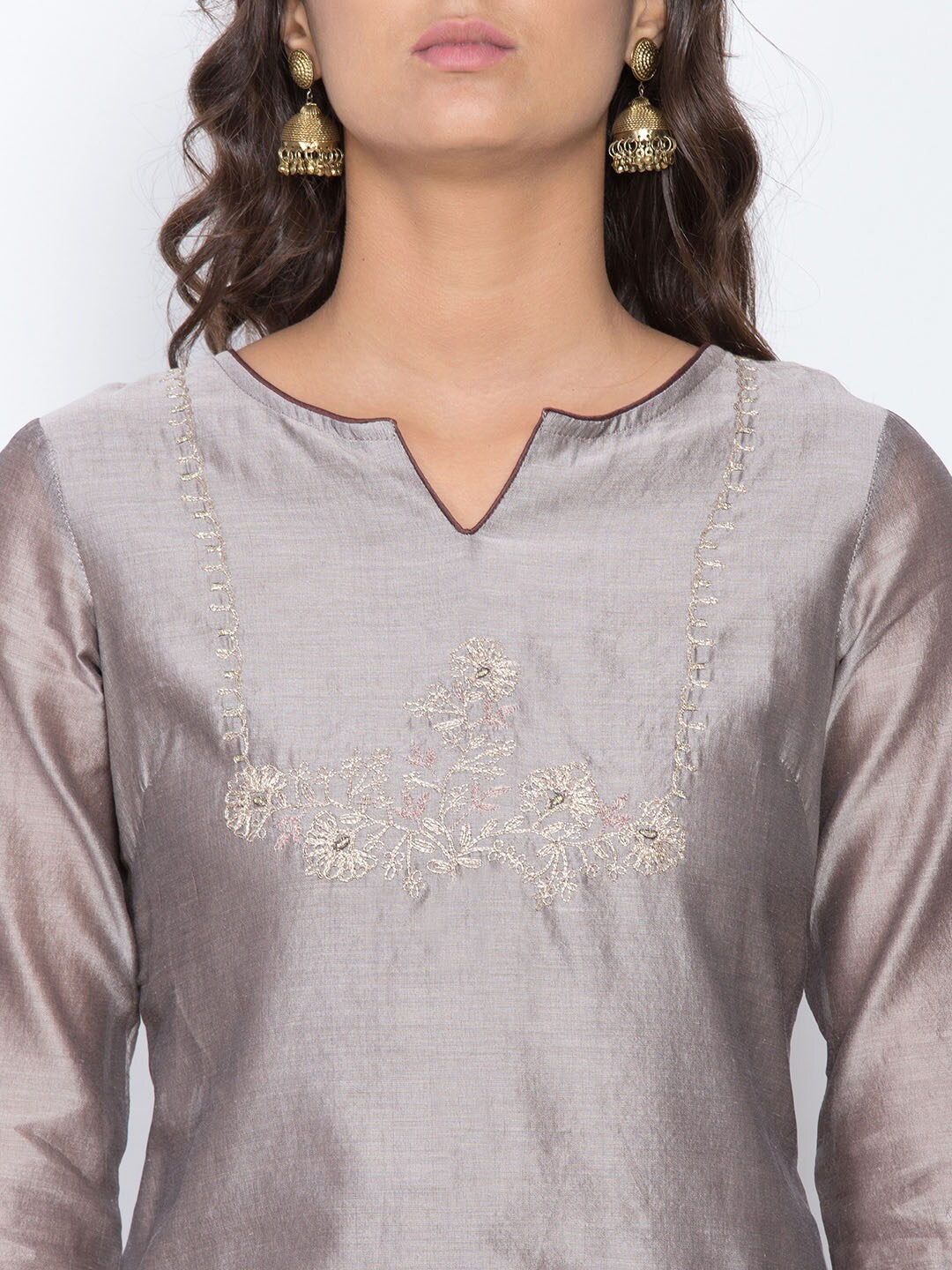 Be Indi Women Grey & Brown Embroidered Kurta with Palazzos