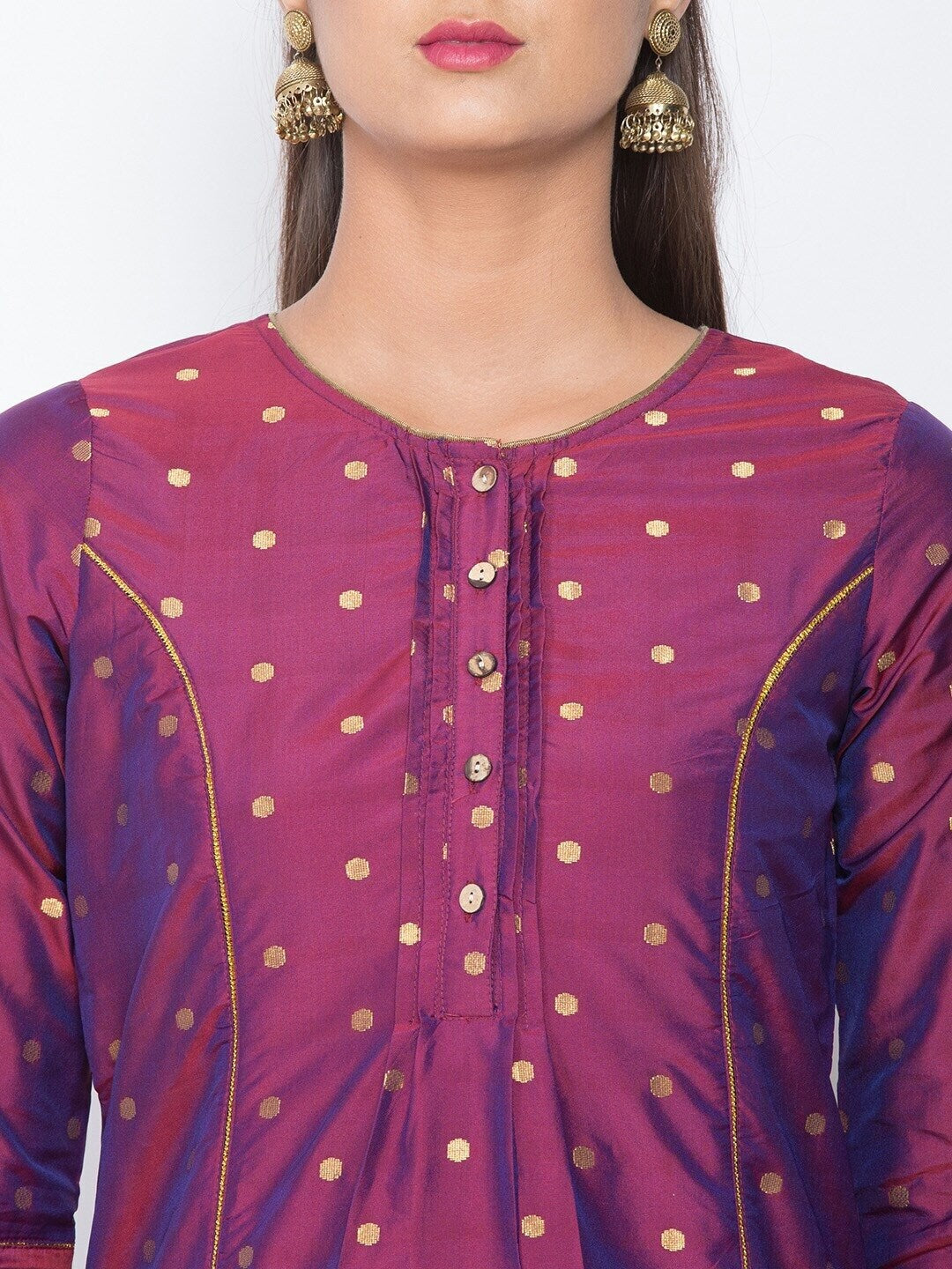 Be Indi Women Purple Geometric Dyed Keyhole Neck Flared Sleeves Thread Work Kurta