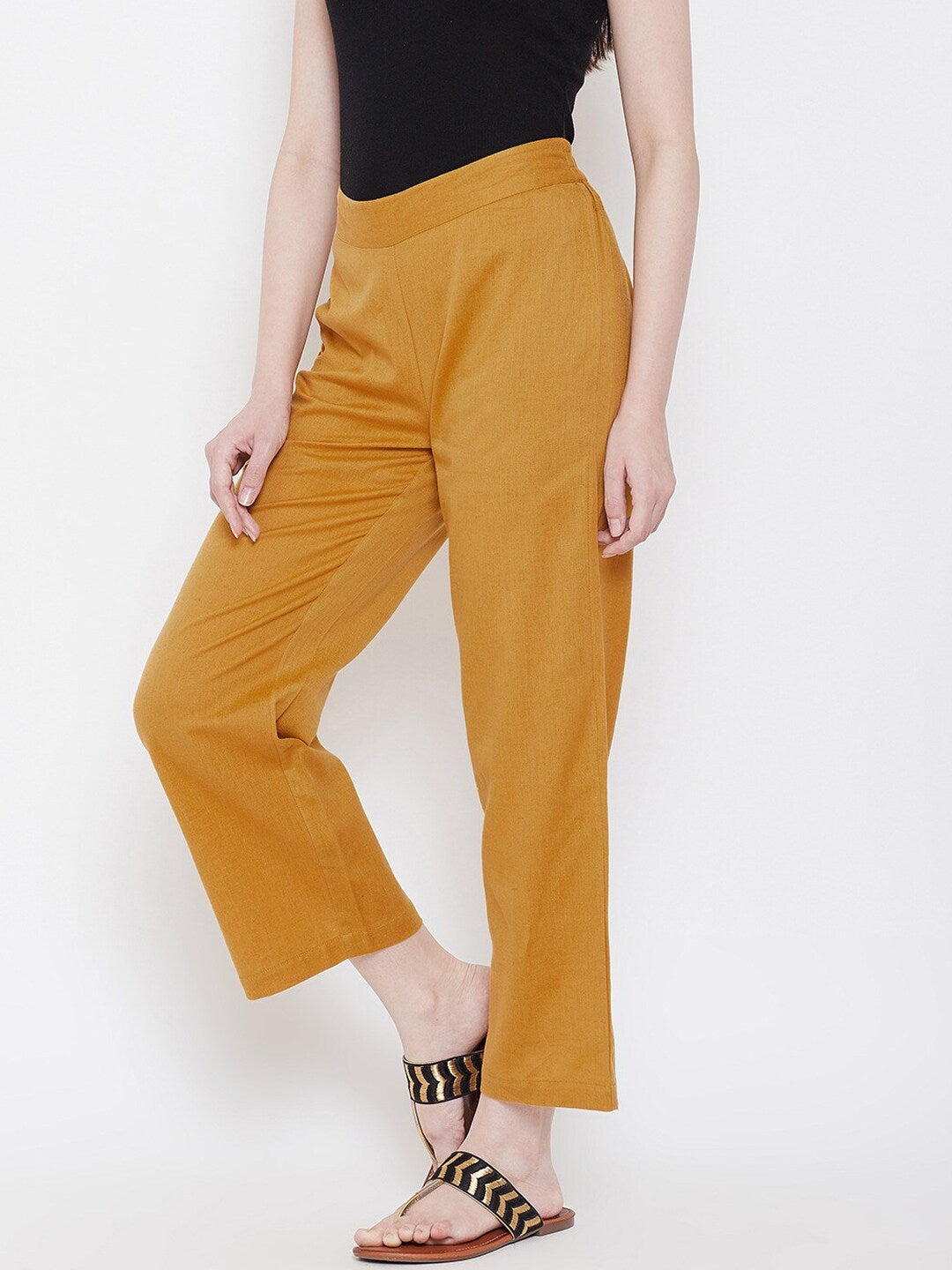 Be Indi Women Mustard Yellow Solid Straight Fit Trousers
