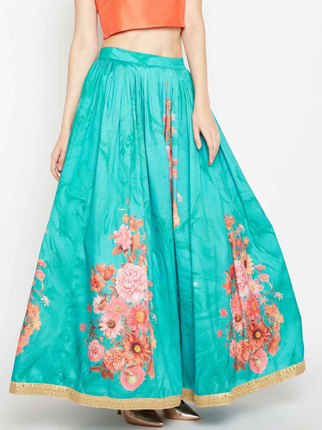 Be Indi Women Blue & Peach-Coloured Printed Flared Skirt