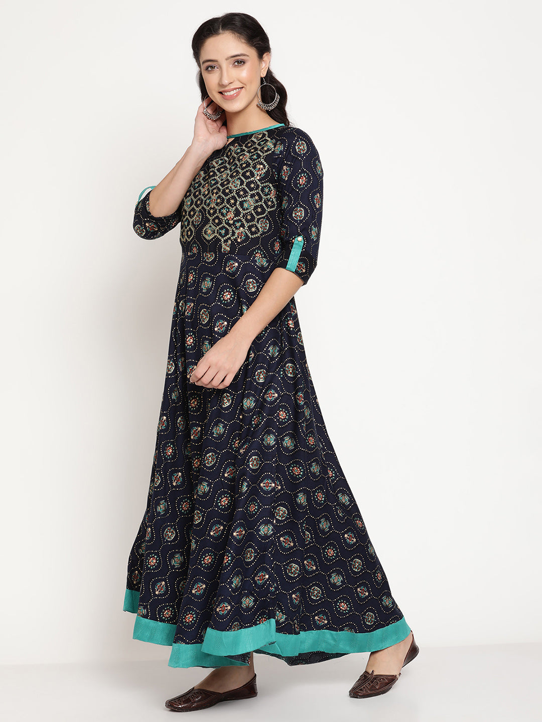 Be Indi Women Navy Golden Printed With Contrast Embroidered And Trim Detailing Maxi Dress