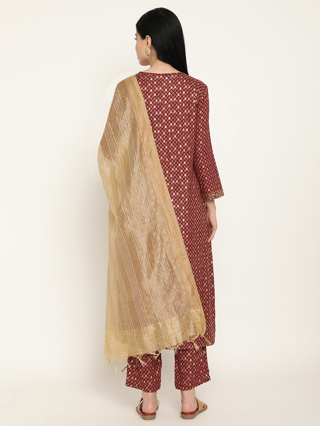 BeIndi Women's Maroon Foil Printed, Sequined Embroidered Yoke Design Kurta With Pant & Tissue Dupatta