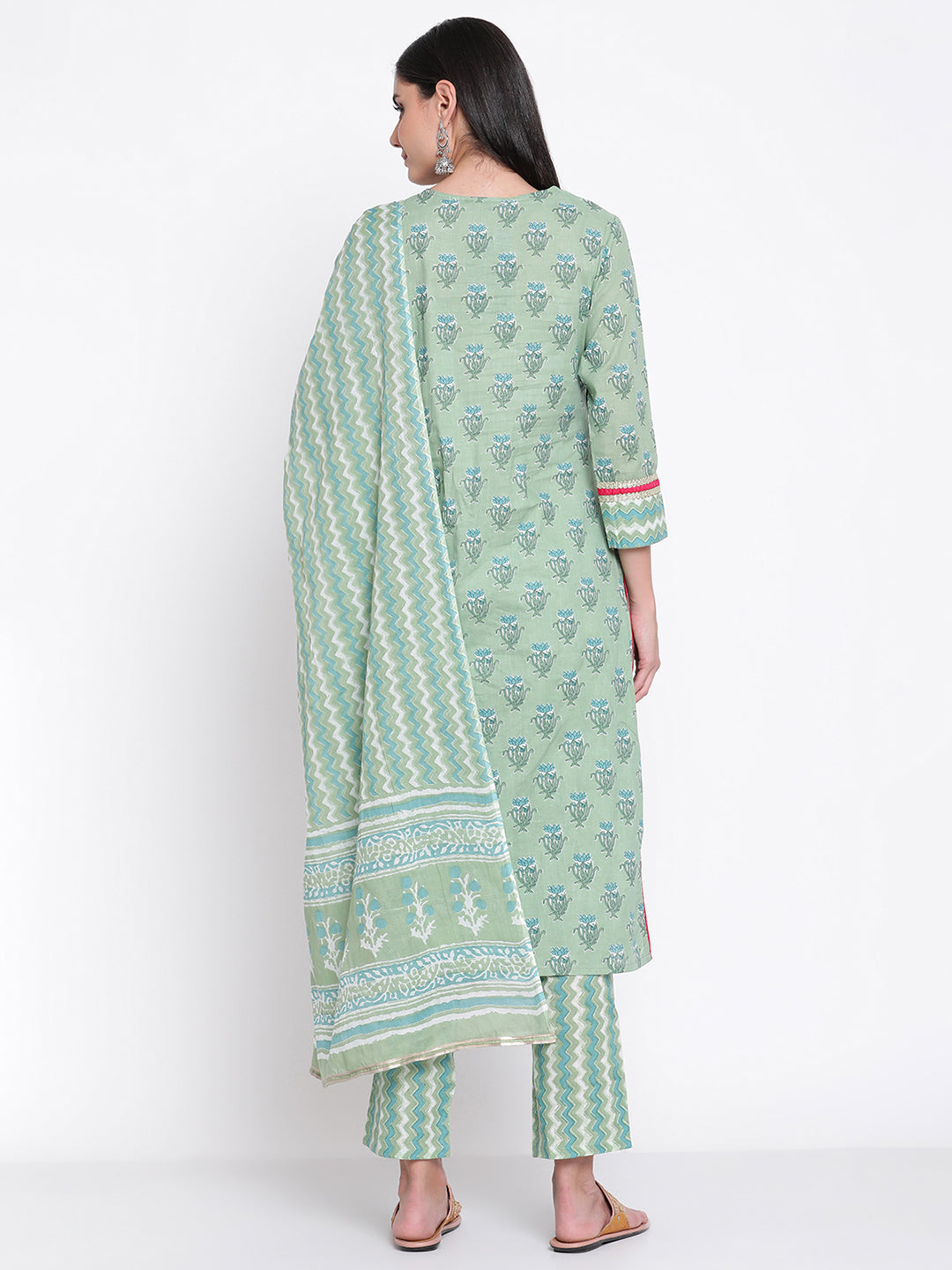 Be Indi Women Green Printed Lace Work Pure Cotton Kurta with Trousers & With Dupatta
