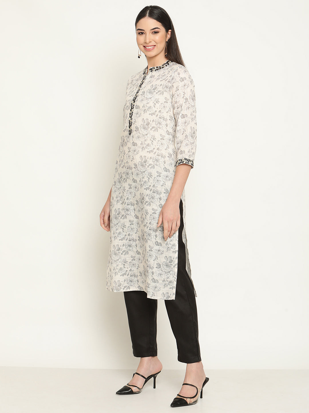 Be Indi Women Off White Embroidered Kurta With Trouser