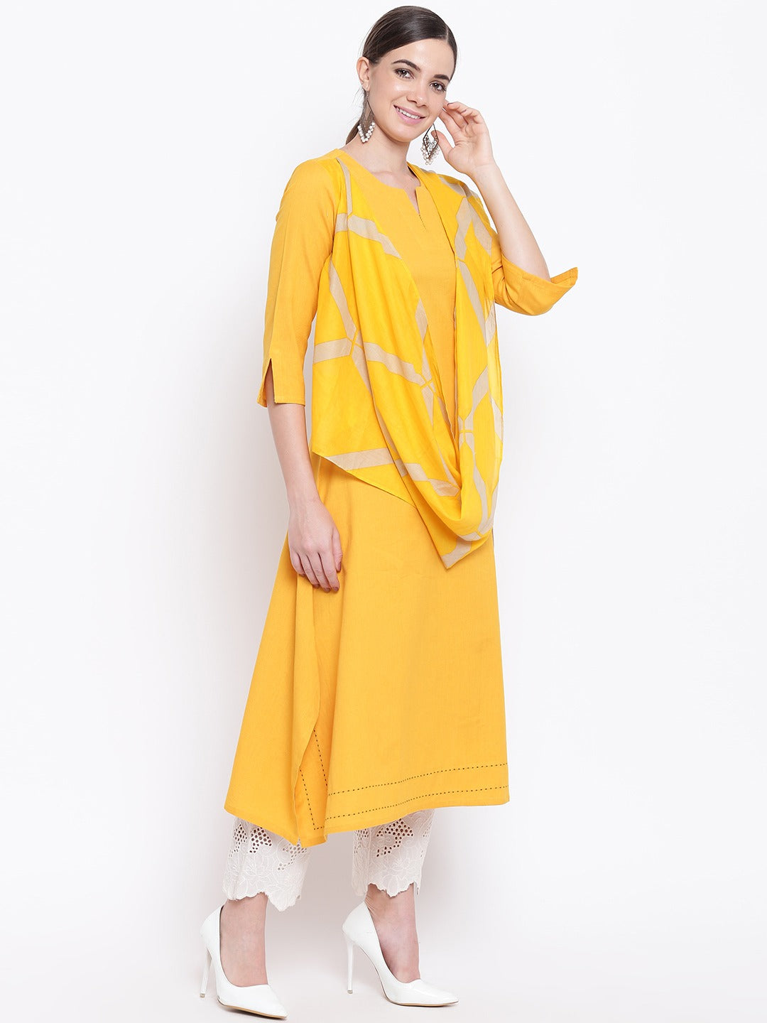 Be Indi Women Yellow & Beige Solid A-Line Kurta With Dupatta