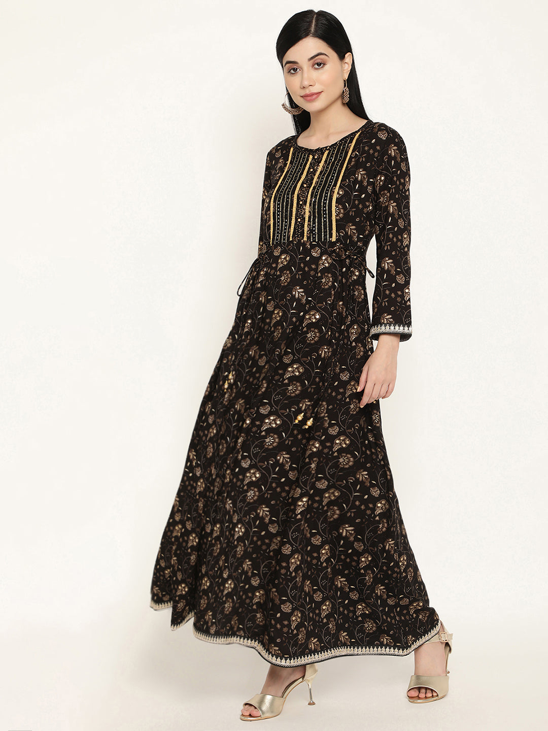 Buy Black Floral Print Long Dress Online - RK India Store View