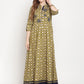 Be Indi Women Green Navy Printed With Contrast Embroidered And Trim Detailing Maxi Dress