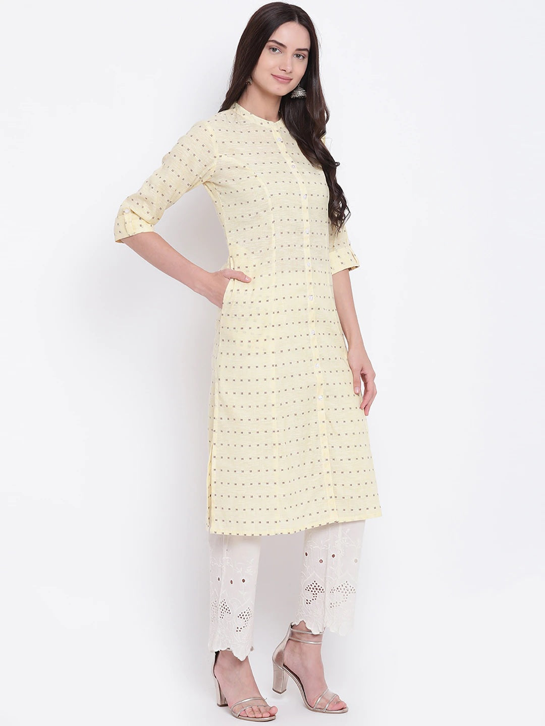 BeIndi Women Yellow Woven Design Straight Kurta