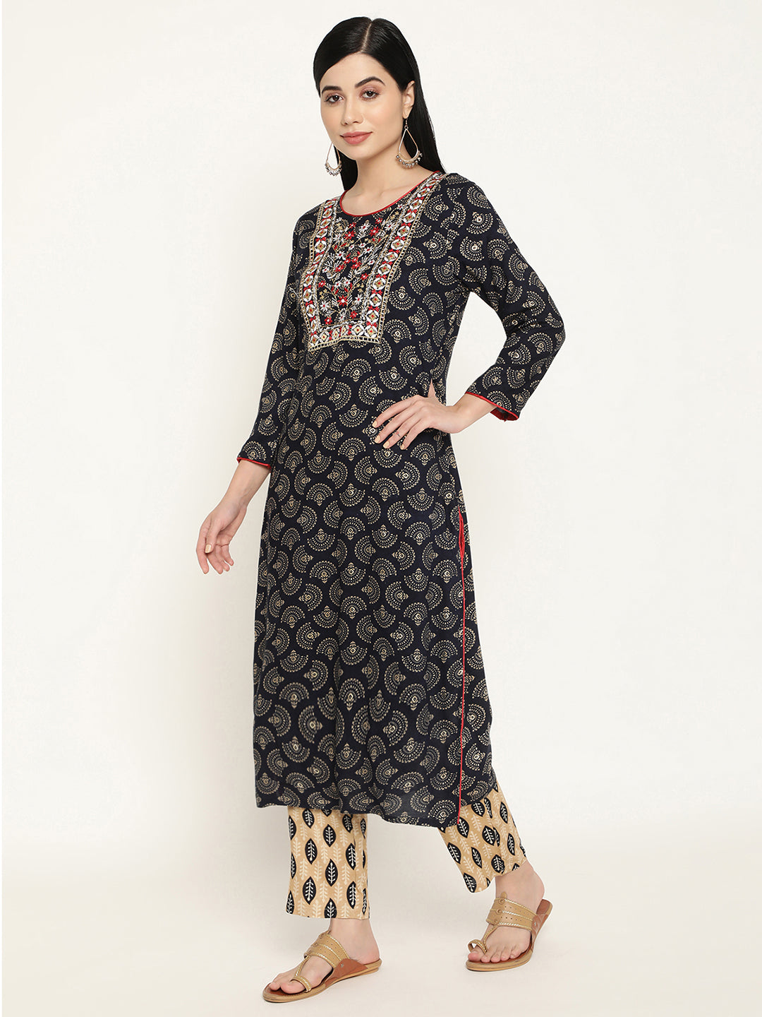 BeIndi Women's Navy Foil Printed Yoke Design Kurta With Thread & Zari Embroidered Yoke And Pant