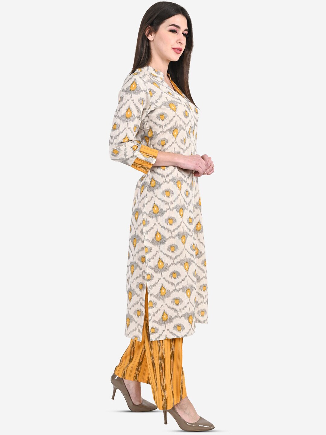 Be Indi Women Beige & Mustard Printed Kurta with Palazzos