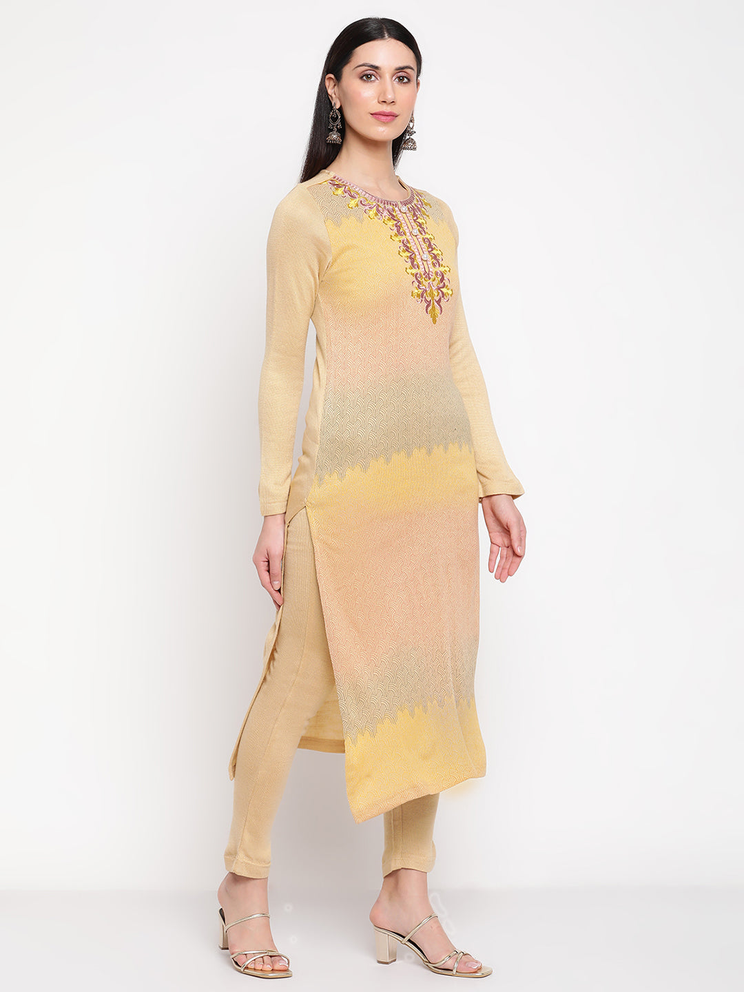 Be Indi Women Winter Daffodil  Beige Embroidered Yoke Design  Straight Kurta With Trouser & Shawl