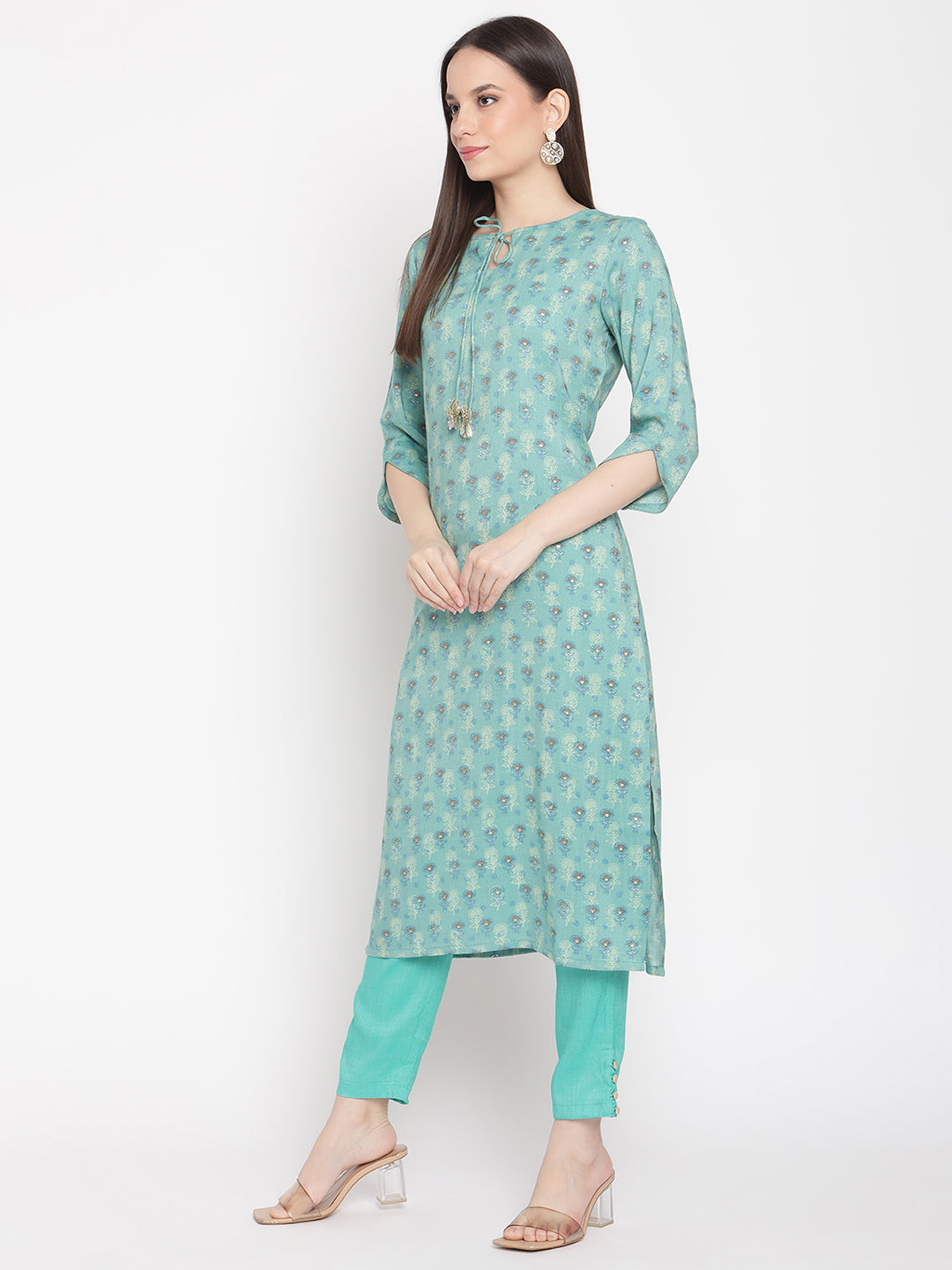 Be Indi Women Turquoise Blue Floral Printed Straight Kurta with Trousers