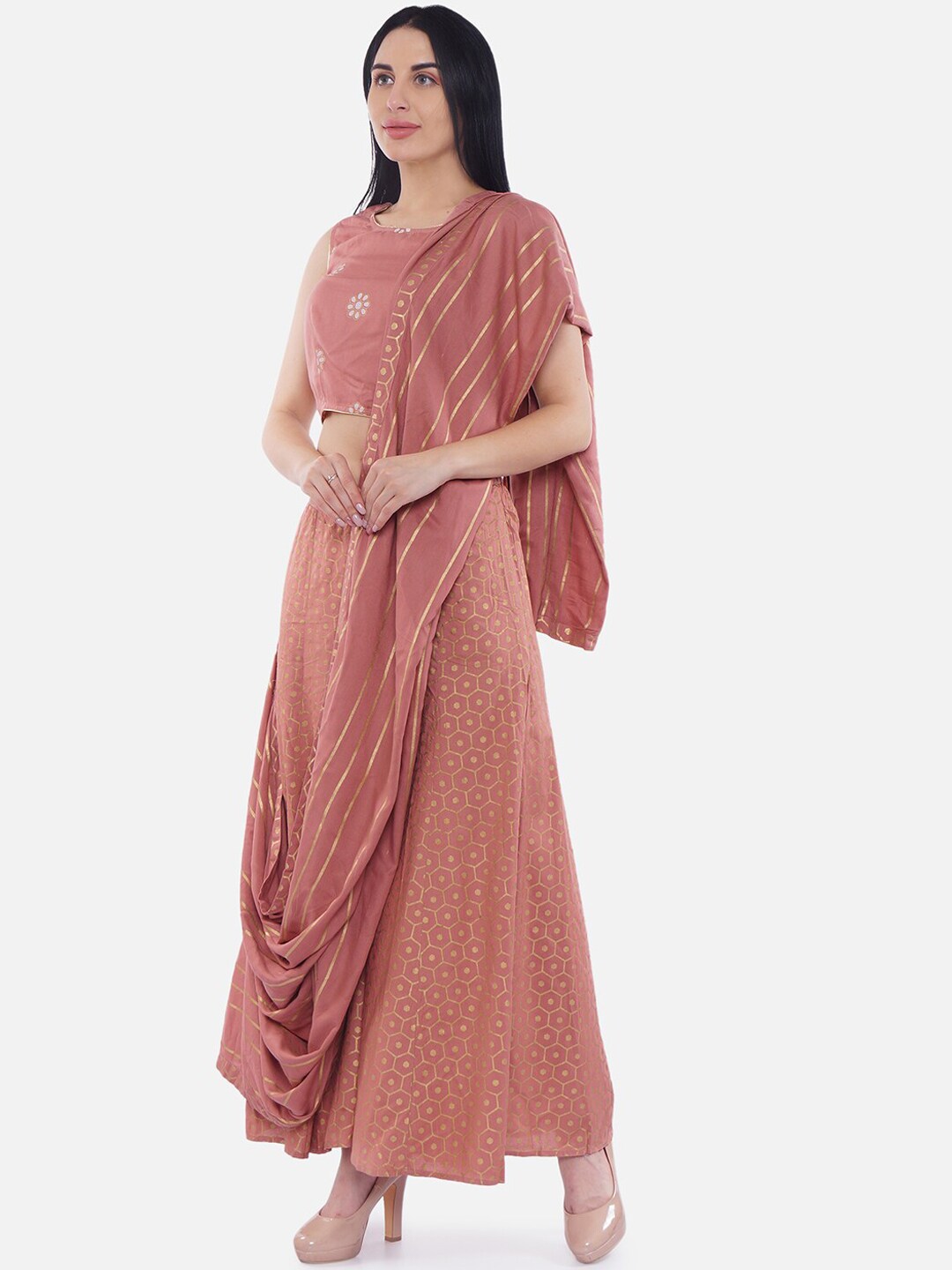 Be Indi Women Peach-Coloured Woven Design Top with Palazzos & Dupatta