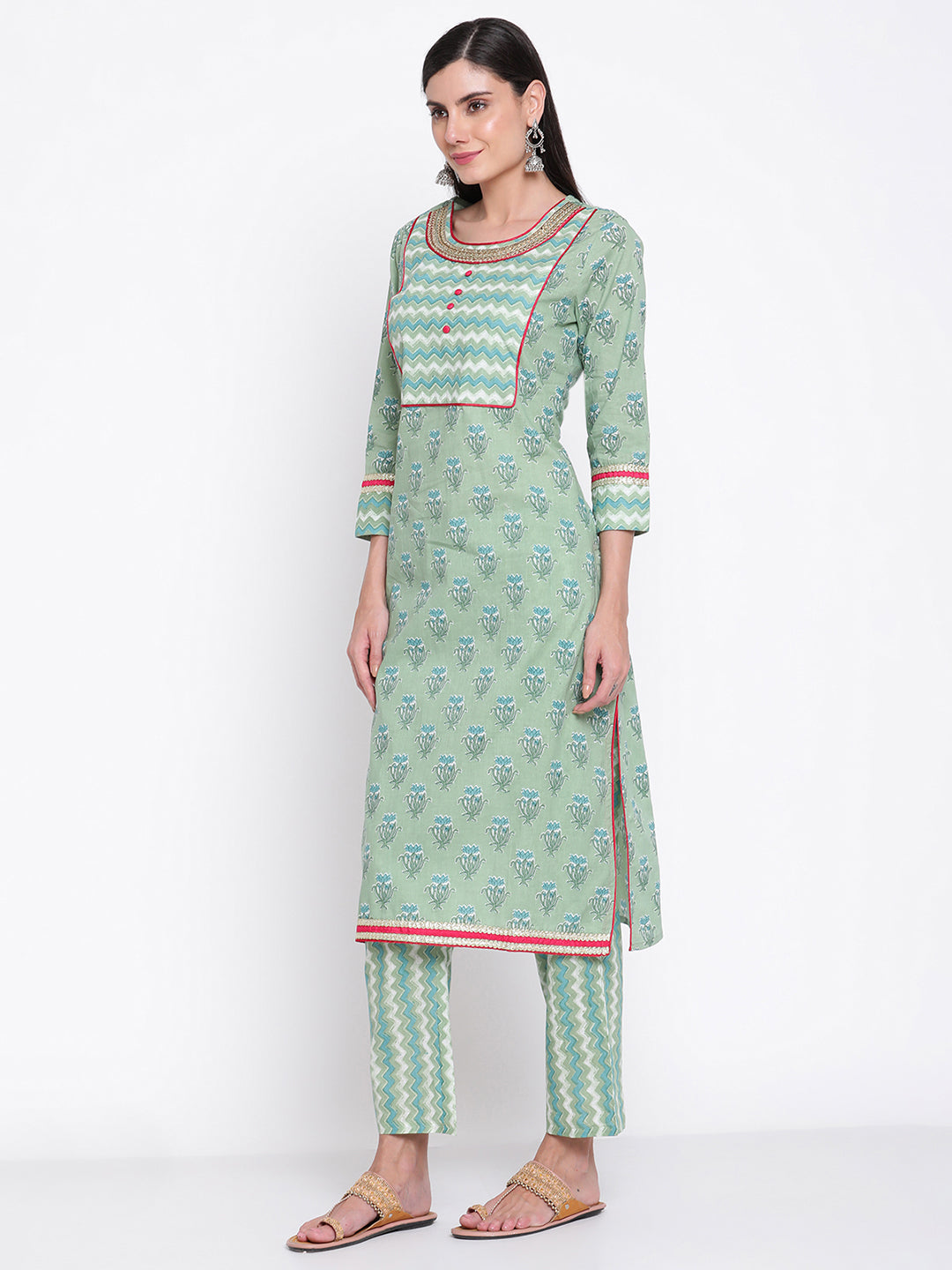 Be Indi Women Green Printed Lace Work Pure Cotton Kurta with Trousers & With Dupatta