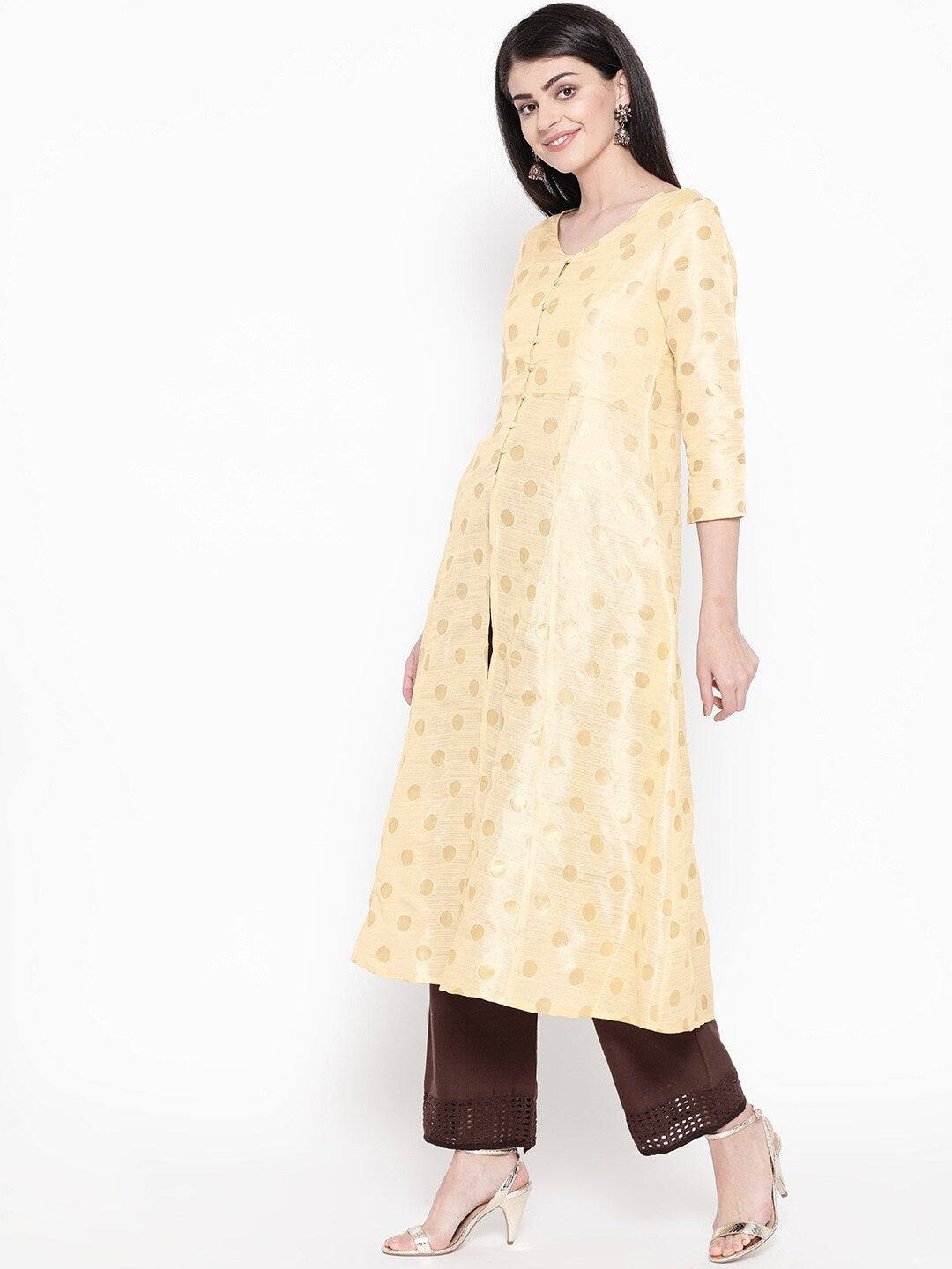 Be Indi Women Cream-Coloured & Golden Woven Design A-Line Kurta