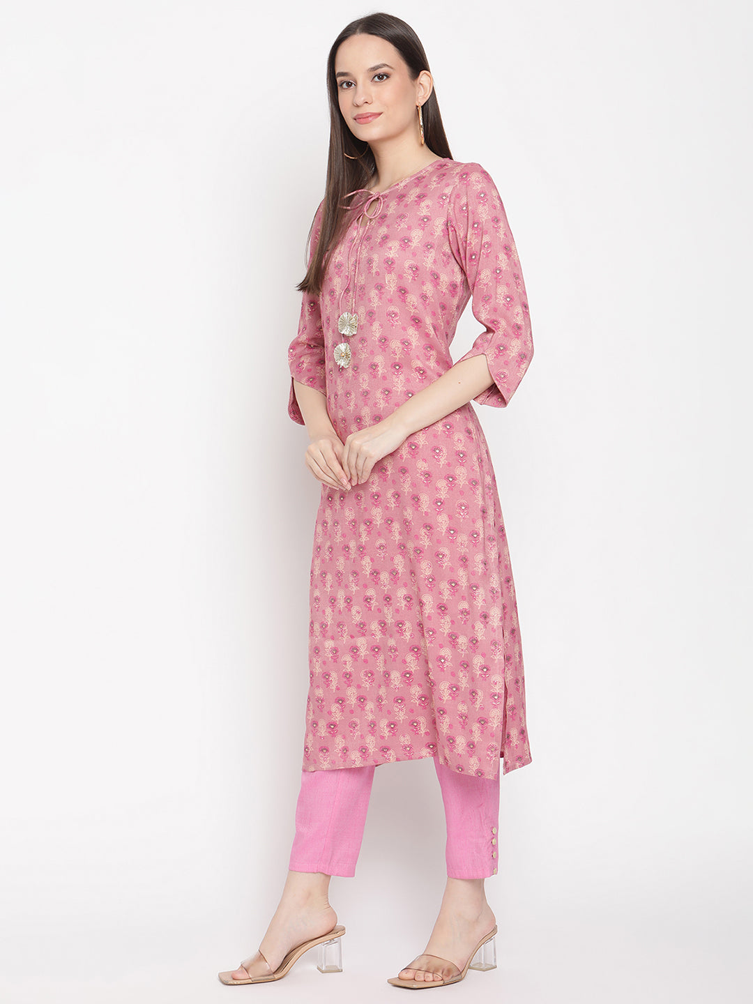 Be Indi Women Pink Printed Regular Gotta Patti Kurta with Trousers