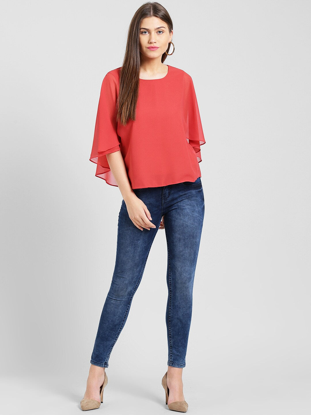BeIndi Women Coral Red Solid Cape Top
