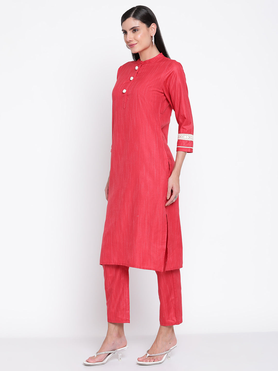 Be Indi Women Red Solid Mandarin Collar  Pure Cotton Kurta with Trousers