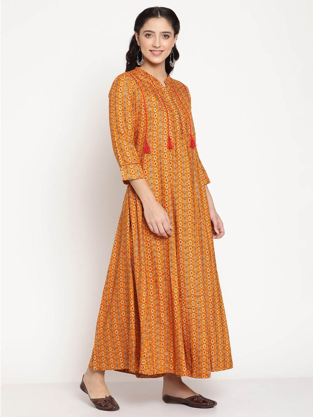 Be Indi Women Mustard Foil Printed Red Color Thread Work Detailing kalidar anarkali Dress