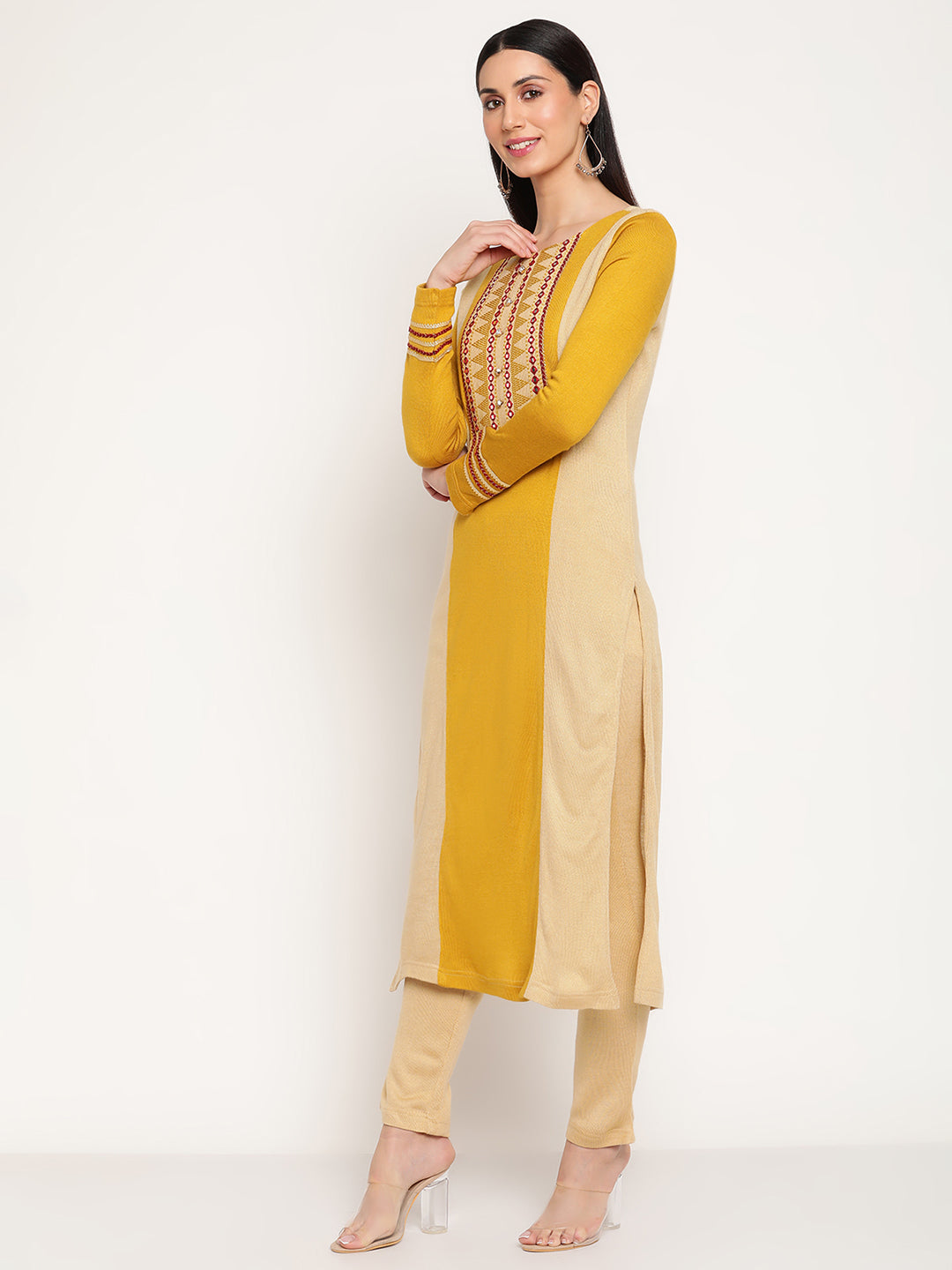 Be Indi Women Winter  Daffodil Colourblocked  Embroidered Yoke Design  Straight Kurta With Trouser