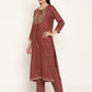 BeIndi Women's Maroon Foil Printed, Sequined Embroidered Yoke Design Kurta With Pant & Tissue Dupatta