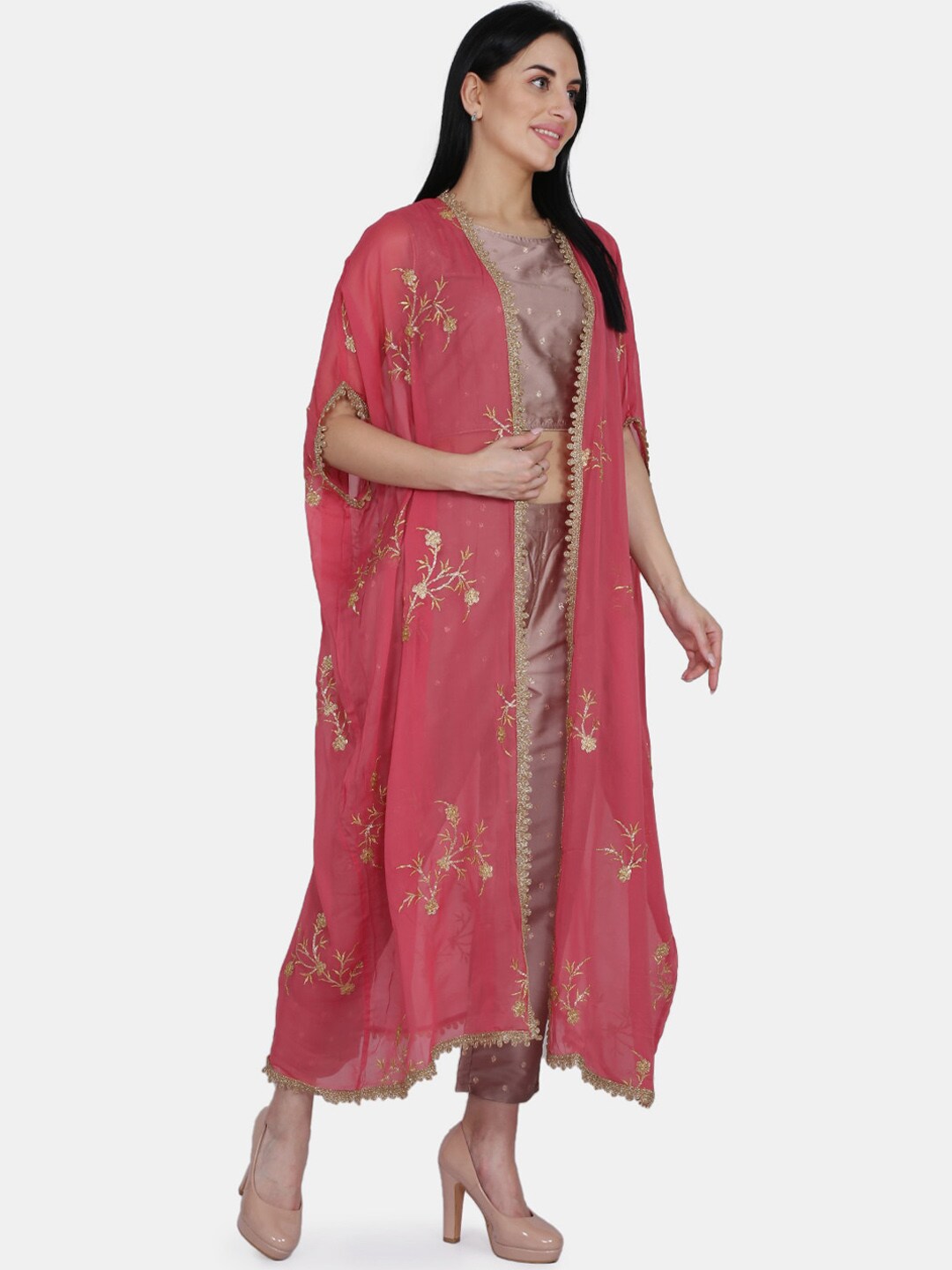 Be Indi Women Peach-Coloured Striped Kurti with Trousers & Dupatta