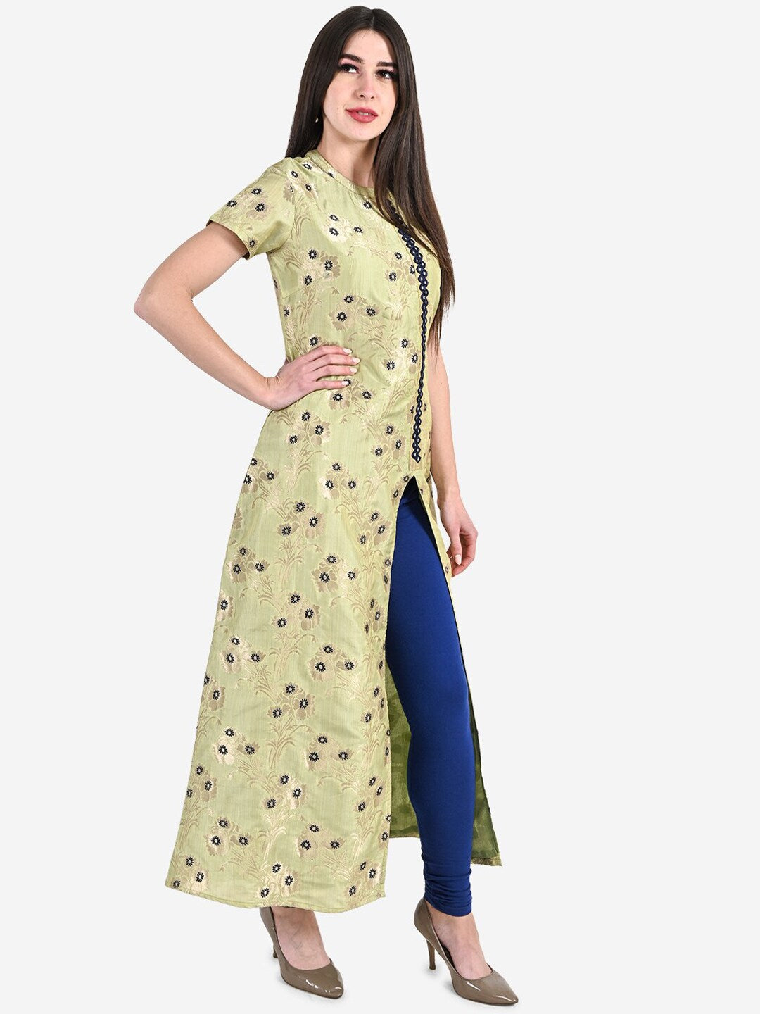 Be Indi Women Olive Green Mirror  Embroidered Jacquard Maxi Dress