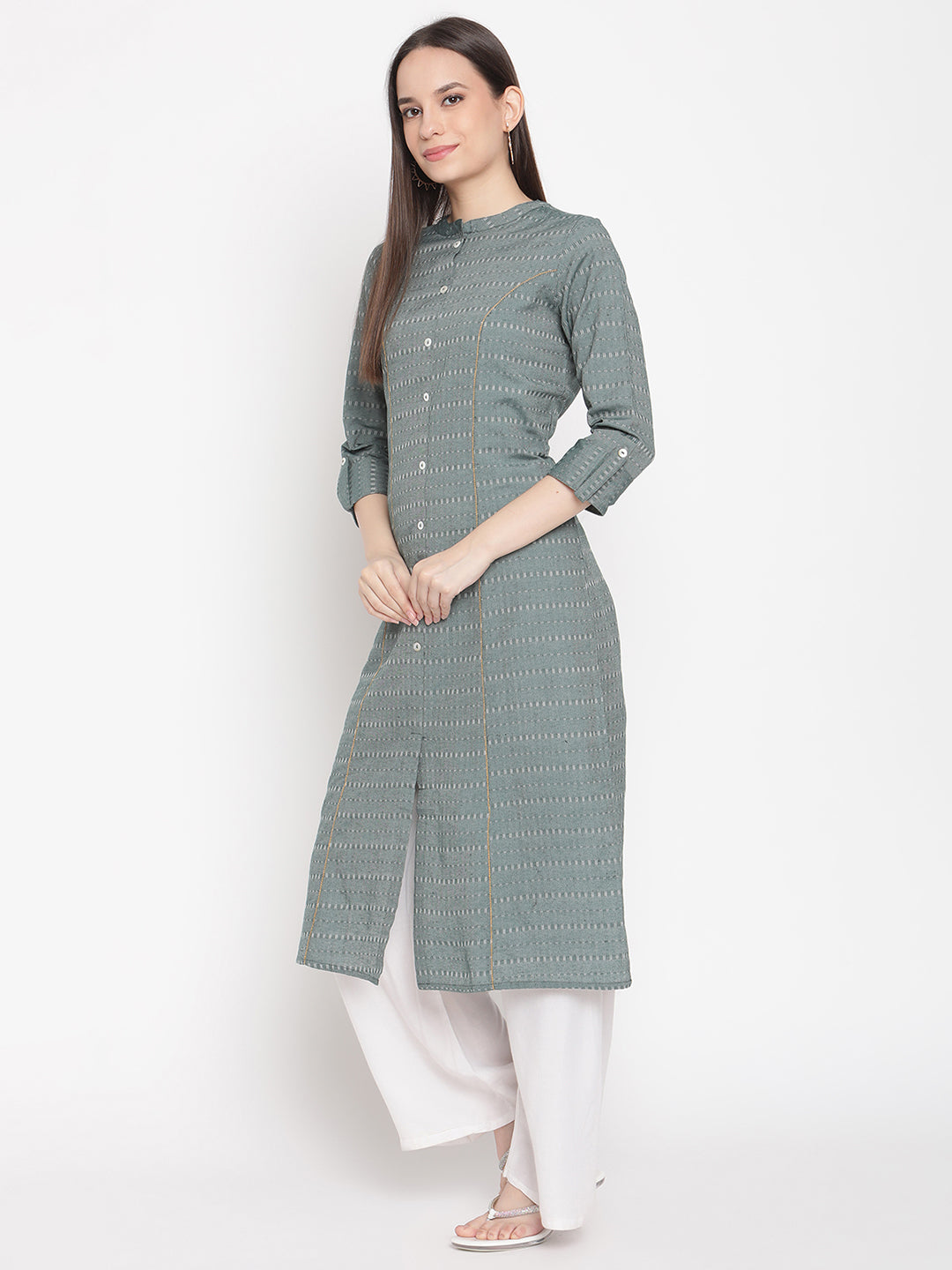 Be Indi Women Green Thread Work Khadi Kurta