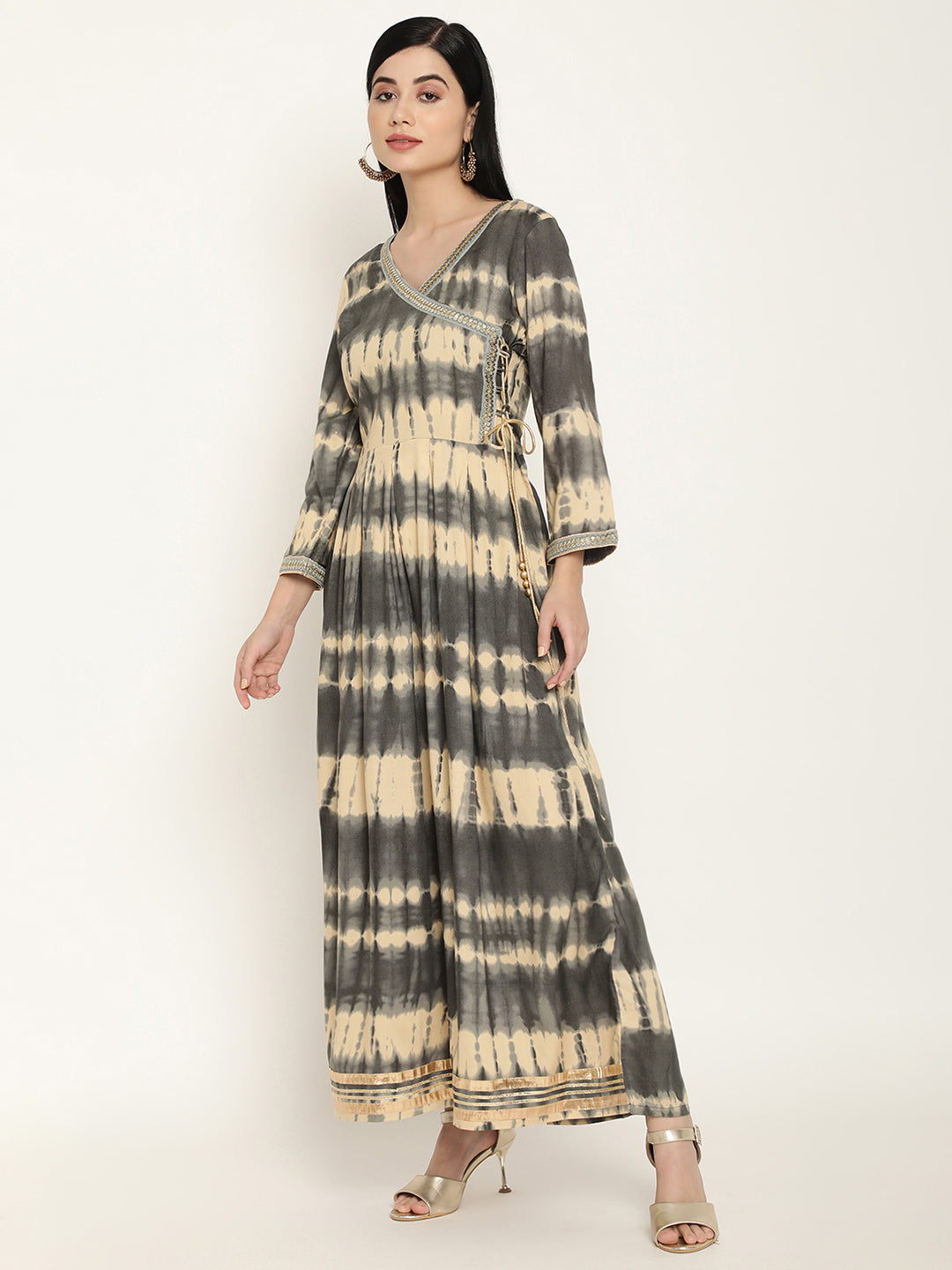 BeIndi Women Grey Tie&Dye Angrakha, Box Pleats Dress With Lace & Dori Tassels With Beads Detailing.