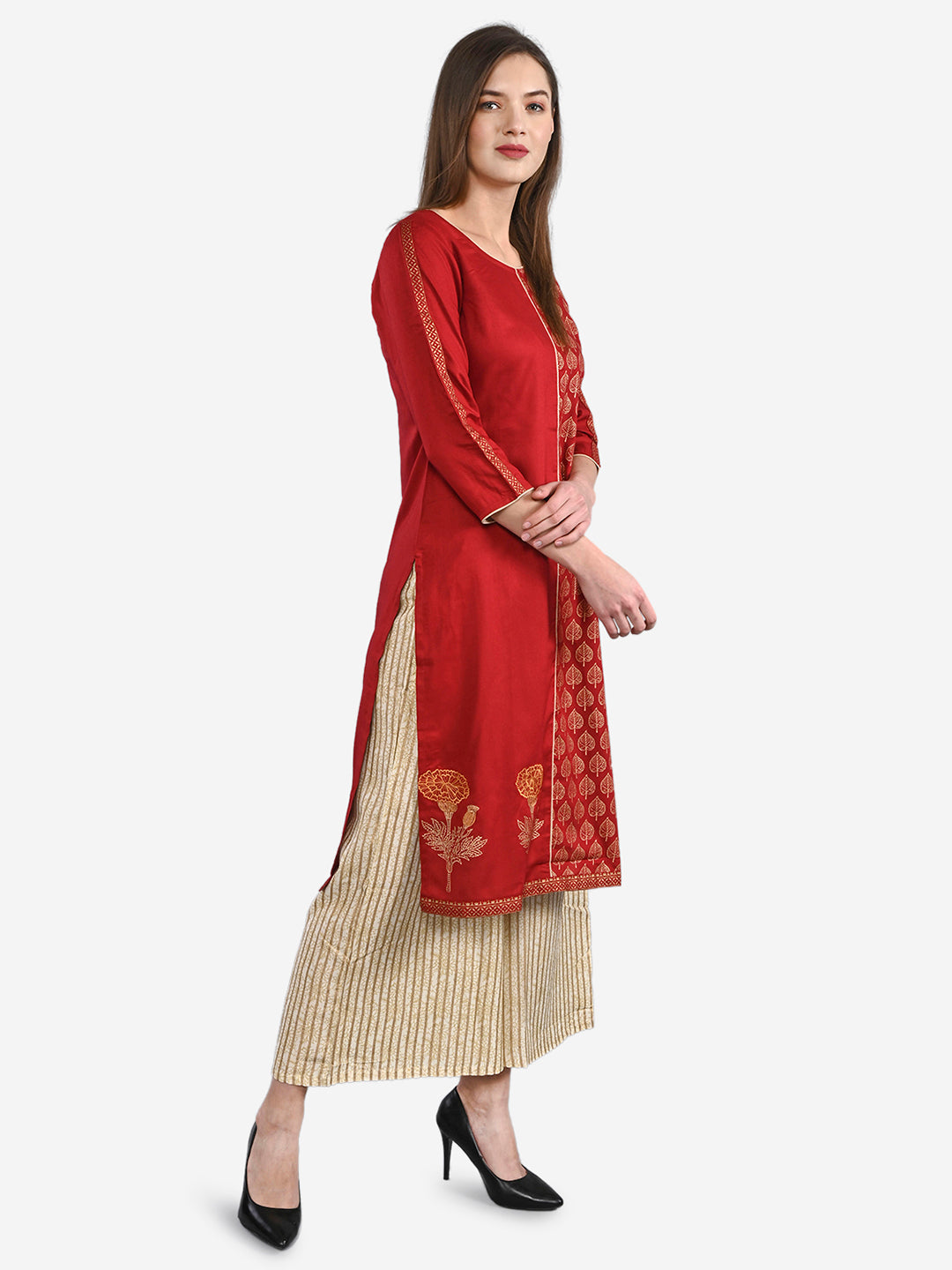 Be Indi Women Red Ethnic Motifs Embroidered Regular Thread Work Kurta with Palazzos