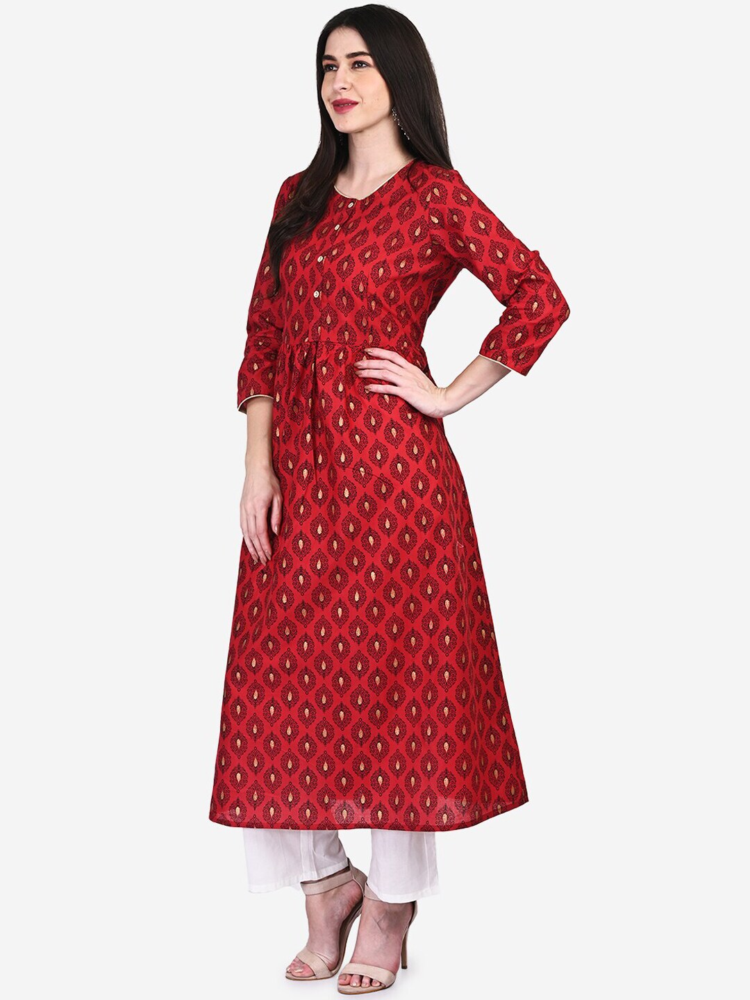 Be Indi Women Red & Black Printed Fit and Flare Dress