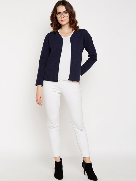 Be Indi Women Navy Blue Self Design Open Front Jacket
