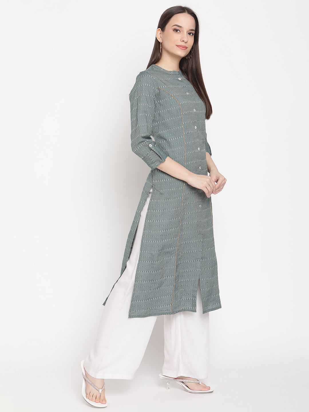 Be Indi Women Green Thread Work Khadi Kurta