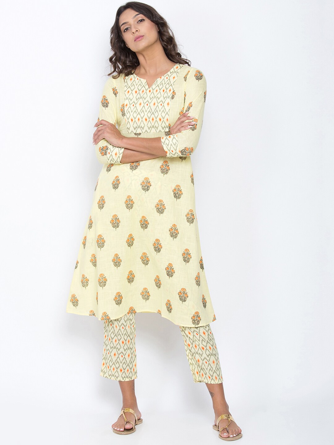 Be Indi Women Yellow Yoke Design Kurta with Trousers