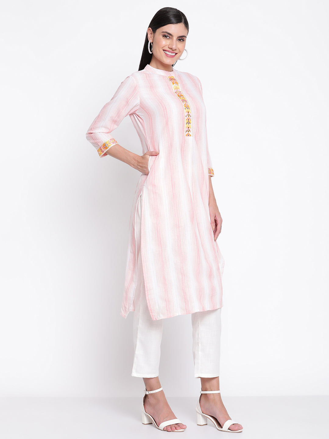 Be Indi Women Peach & White Striped Cotton Mandarin Collar Kurta