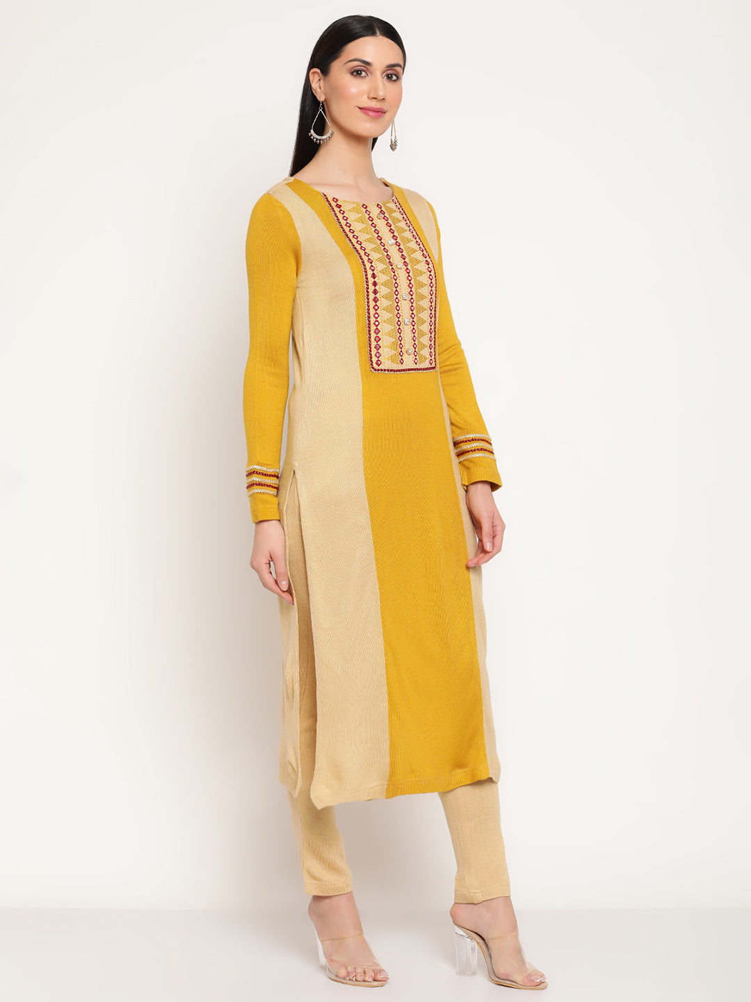 Be Indi Women Winter  Daffodil Colourblocked  Embroidered Yoke Design  Straight Kurta With Trouser