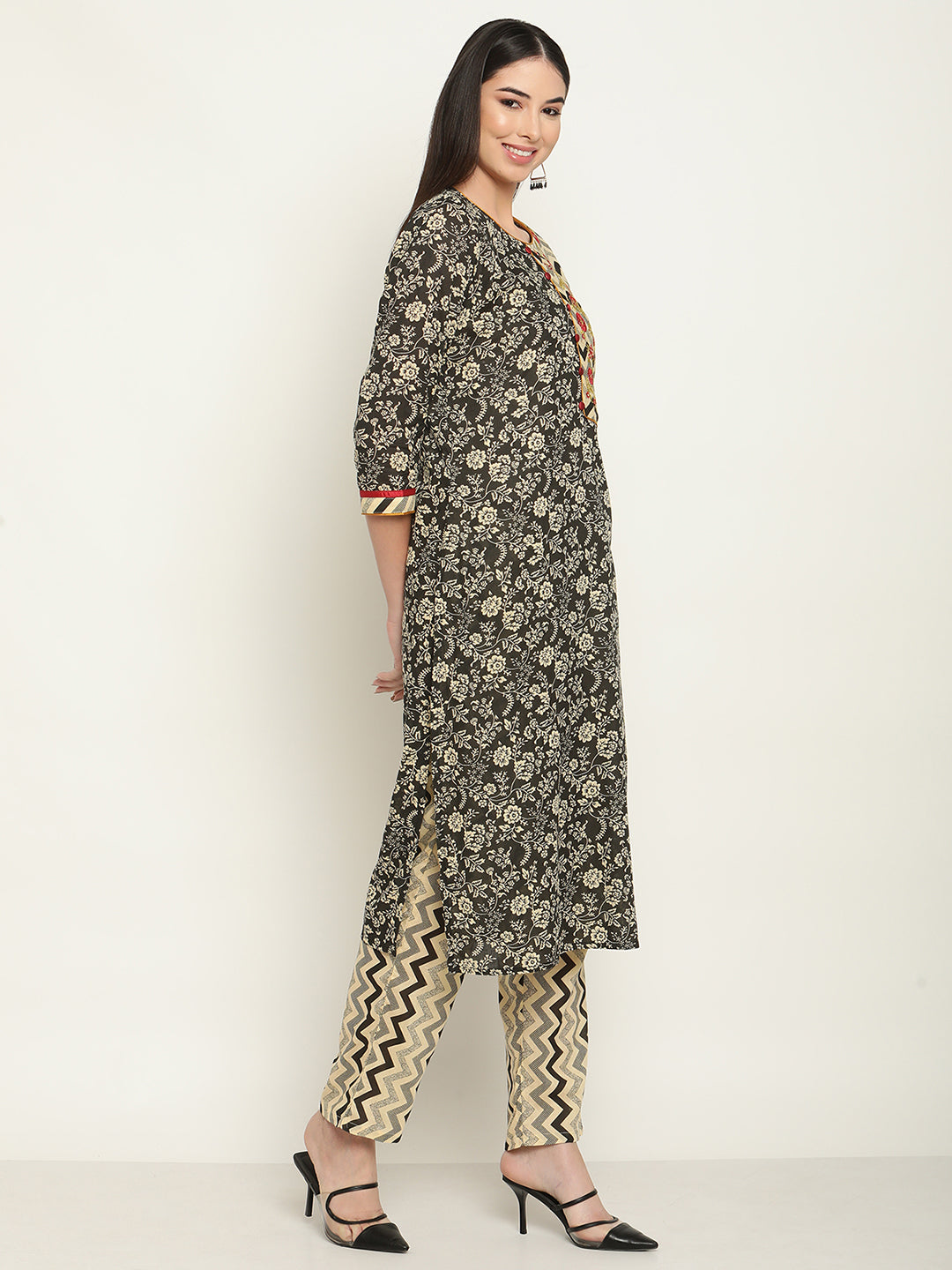 Be Indi Women Black Floral Embroidered  Kurta With Trouser