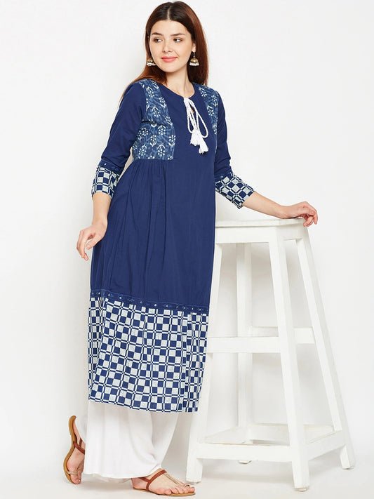 Be Indi Women Navy Blue Geometric Embroidered Keyhole Neck Thread Work Anarkali Kurta