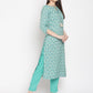 Be Indi Women Turquoise Blue Floral Printed Straight Kurta with Trousers