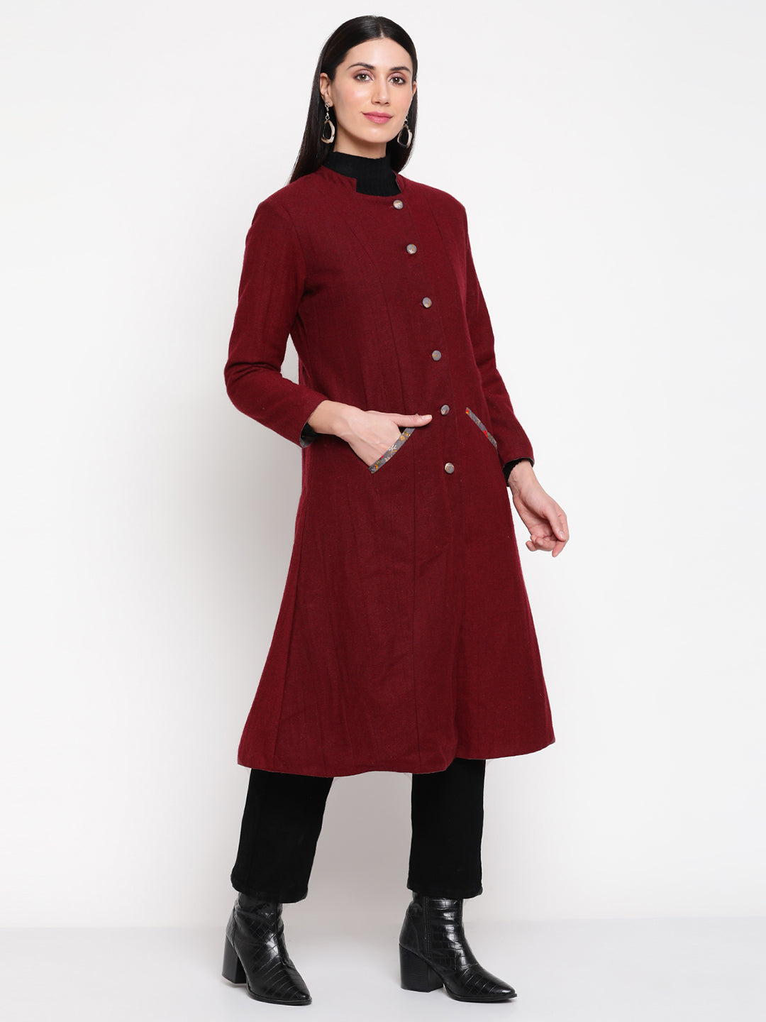 Be Indi Women Maroon Reversible  A-line Winter Overcoat