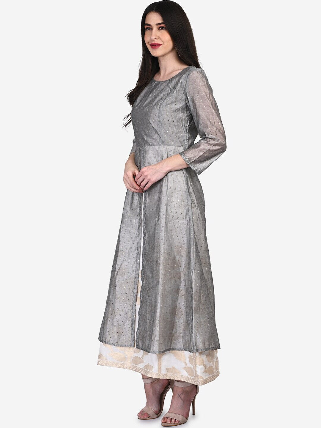 Be Indi Grey & White Floral Layered Ethnic Maxi Dress